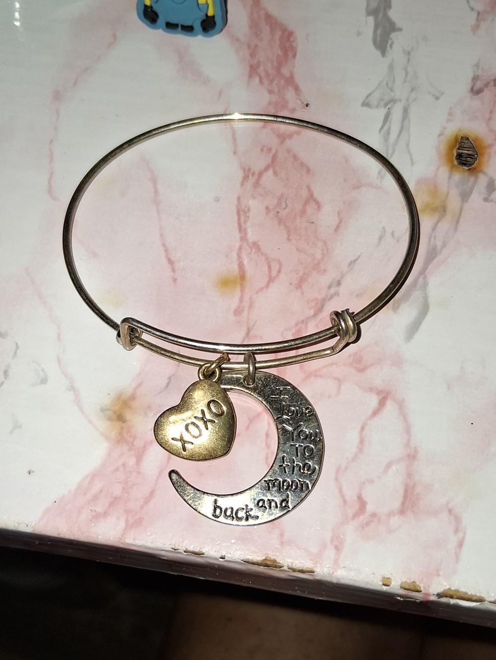 Silver Tone Moon & Heart Charm Bangle Bracelet - XOXO Charm